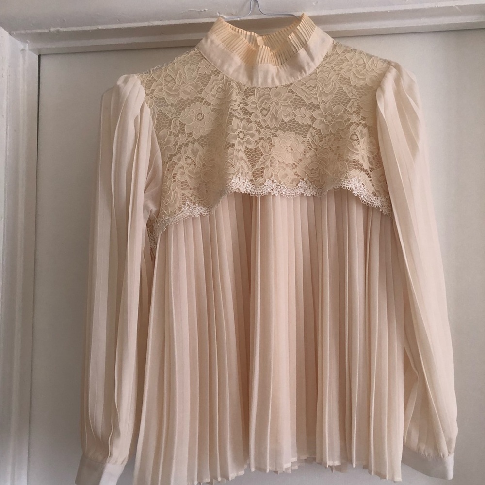 ❤️Amaia Pleated Lace Long Sleeve Top Blouse High Neck Cream Size S